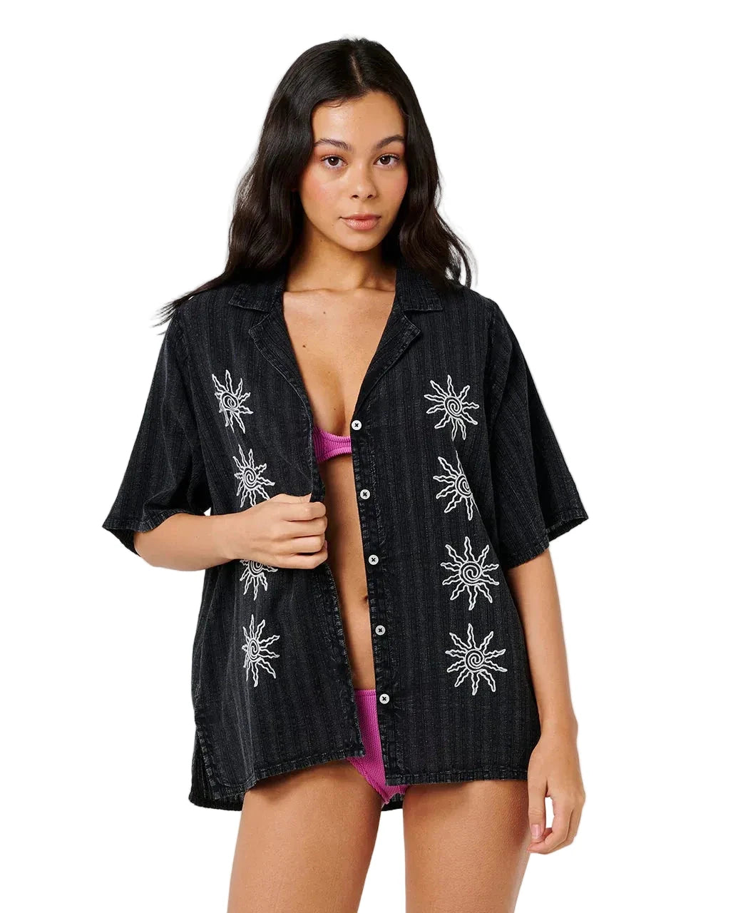 RIP CURL Women's Topanga Embroidered Button Up Shirt Black Women's Flannels and Button Ups Rip Curl 
