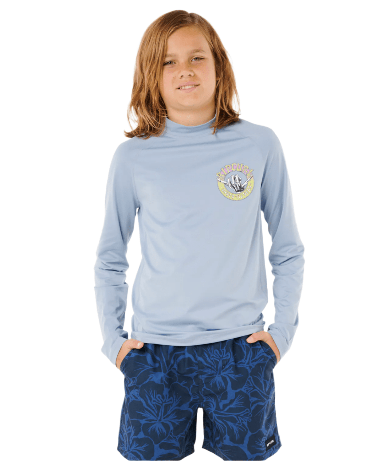 RIP CURL Boys' Shred Shaka UPF Long Sleeve Rashguard Shirt Ice Blue Youth Rashguards Rip Curl 