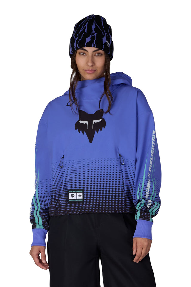 686 Women's Fox Racing Waterproof Crop Pullover Hoodie Fox Alpenglow Blue Women's Pullover Hoodies 686 