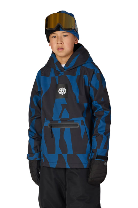 686 Youth Waterproof Pullover Hoodie Blue Ash Shapes Boy's Pullover Hoodies 686 