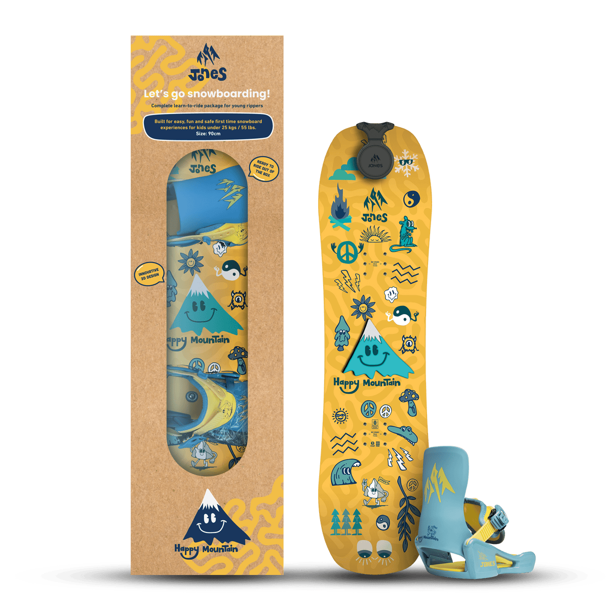 JONES Kids Happy Mountain Snowboard + Bindings Package 2026 Youth Snowboards Jones Snowboards 