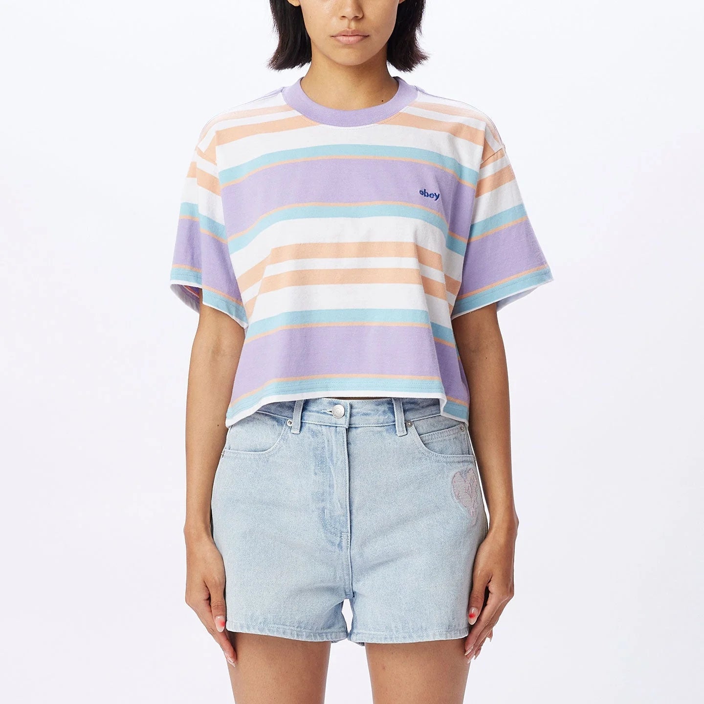 OBEY Women's Ariella Stripe Cropped T-Shirt Digital Lavender Multi Women's T-Shirts Obey 