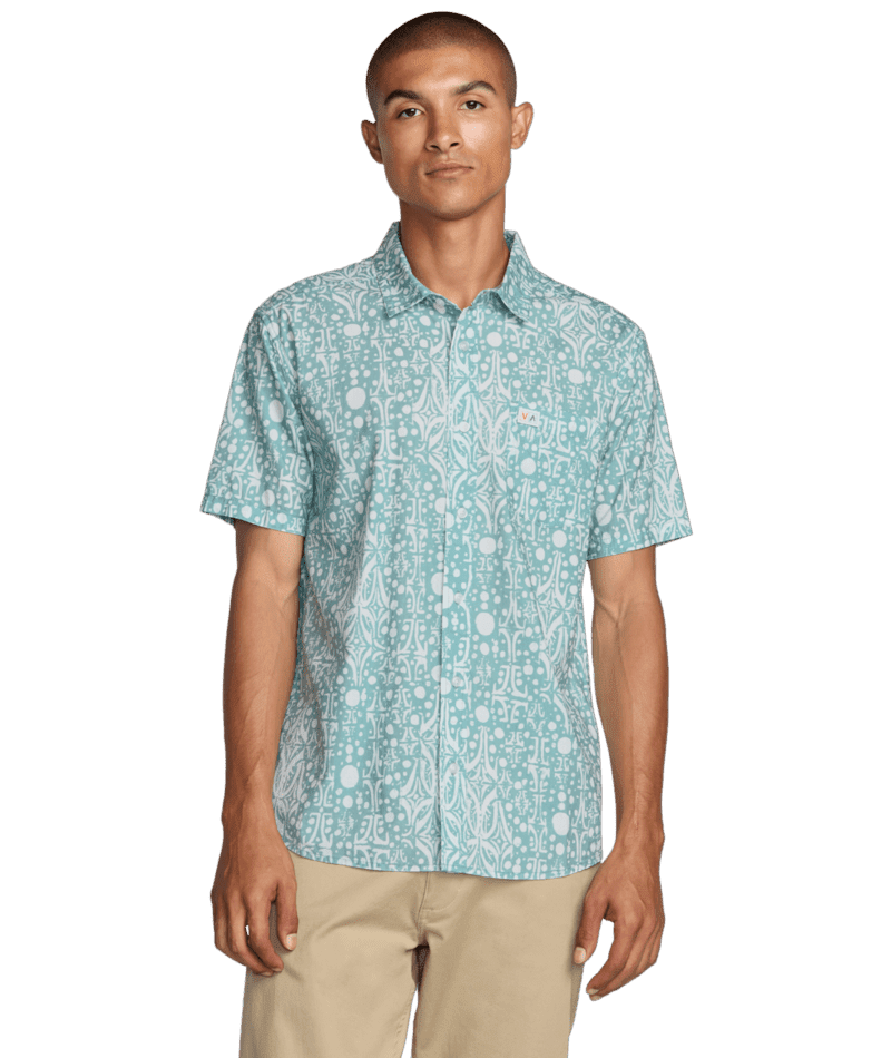 RVCA Jacobs Archive Print Short Sleeve Button Up Blue Haze Men's Short Sleeve Button Up Shirts RVCA 
