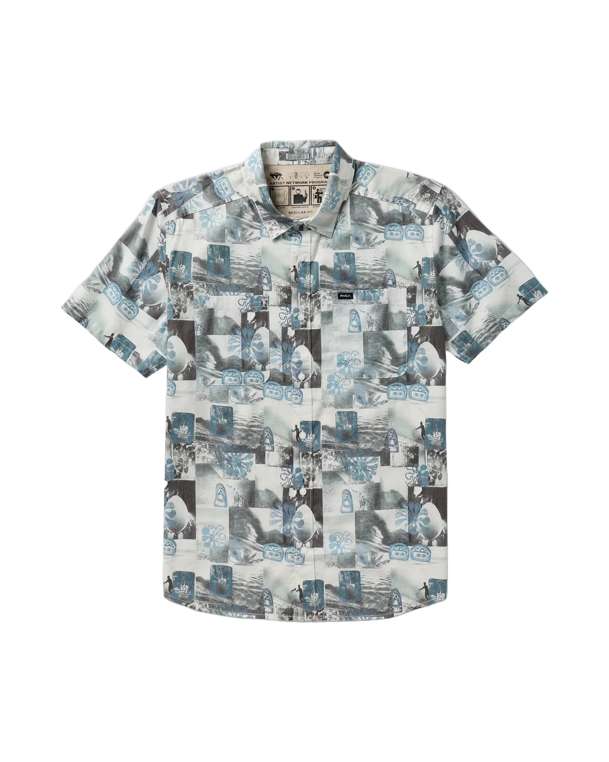 RVCA Kauai Block Print Collage Button Up Shirt Light Blue Men's Short Sleeve Button Up Shirts RVCA 