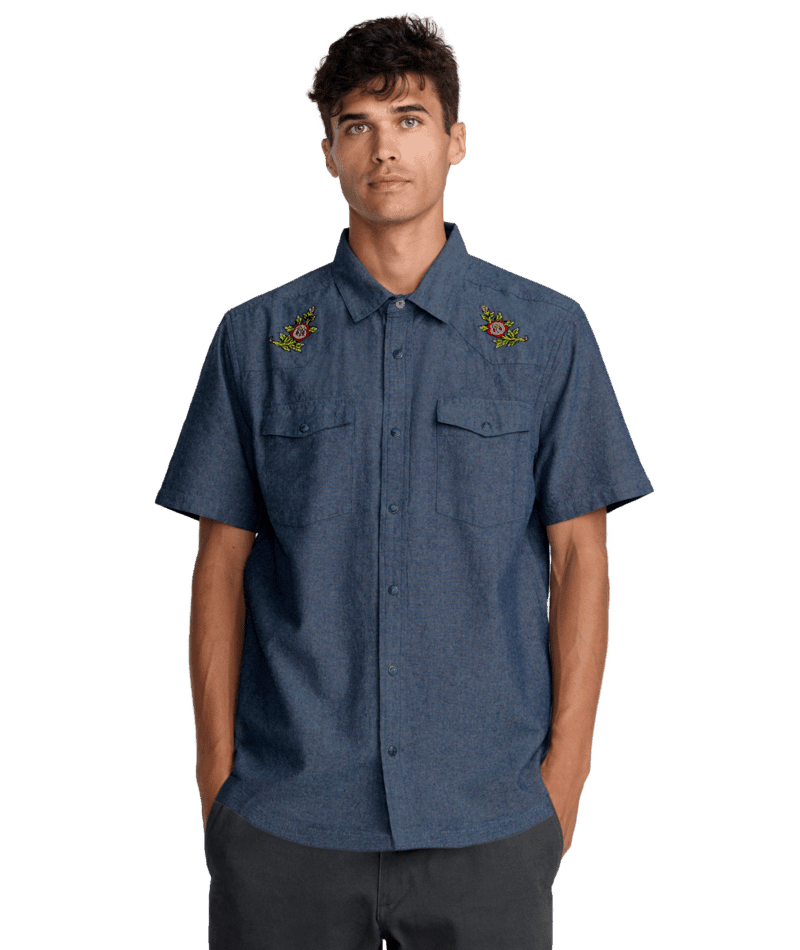 RVCA Rosa Chambray Short Sleeve Button Up Indigo Men's Short Sleeve Button Up Shirts RVCA 