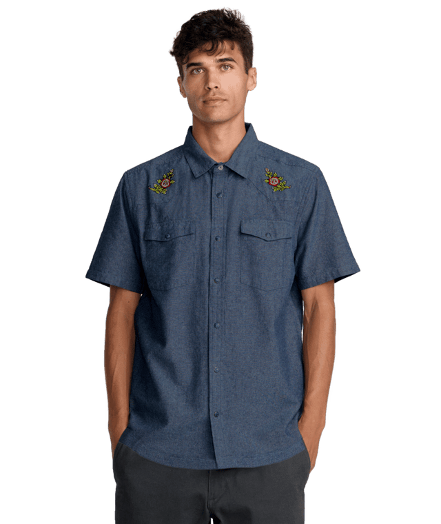 RVCA Rosa Chambray Short Sleeve Button Up Indigo Men's Short Sleeve Button Up Shirts RVCA 