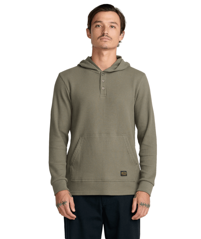 RVCA Dayshift Thermal Hooded Henley Olive Men's Long Sleeve T-Shirts RVCA 