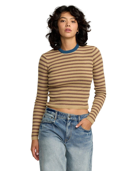 RVCA Women's Bond Stripe Knit Long Sleeve Shirt Sand Dune Women's Long Sleeve T-Shirts RVCA 