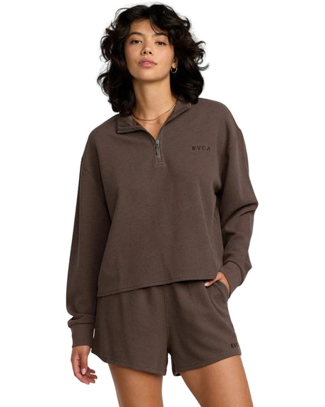 RVCA Women's Glory Waffle Pullover Sweater Bear Brown Women's Crewnecks RVCA 