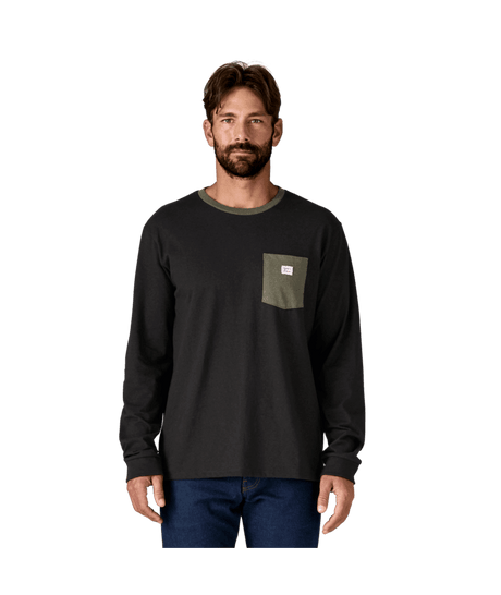 PATAGONIA Shop Sticker Pocket Responsibili-Tee Long Sleeve T-Shirt Black/Basin Green Men's Long Sleeve T-Shirts Patagonia 