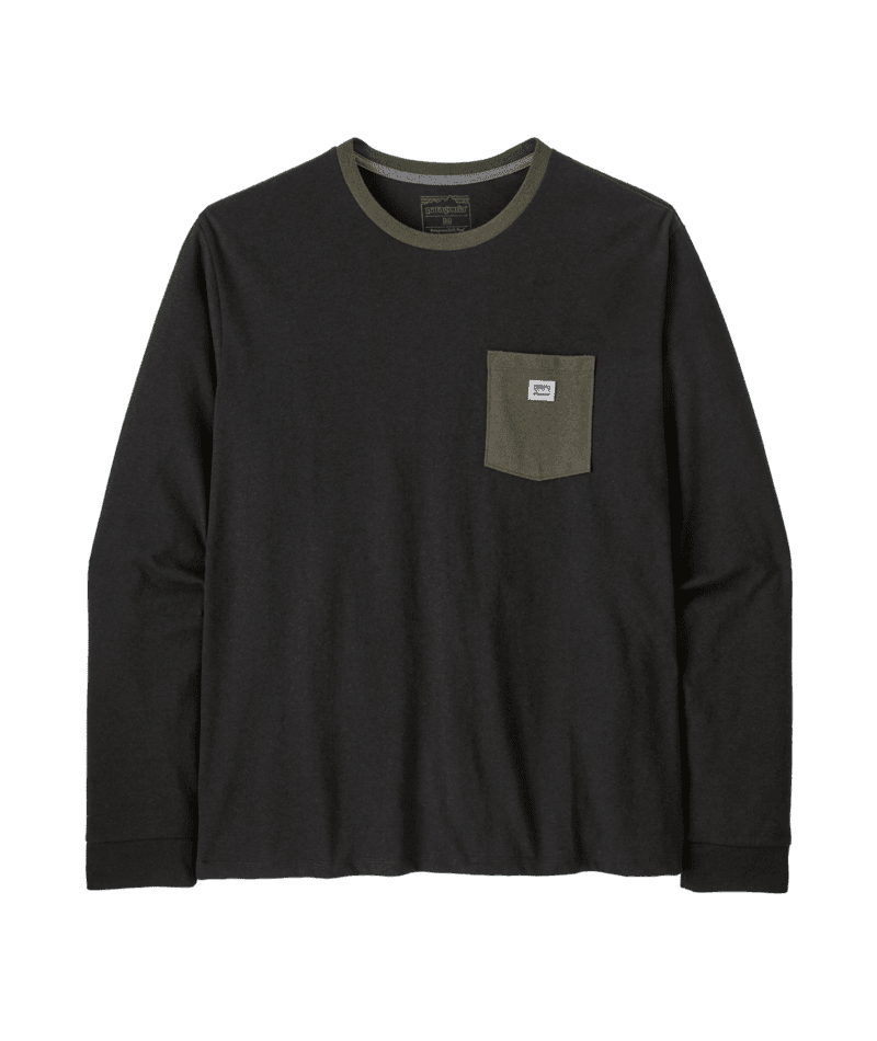PATAGONIA Shop Sticker Pocket Responsibili-Tee Long Sleeve T-Shirt Black/Basin Green Men's Long Sleeve T-Shirts Patagonia 