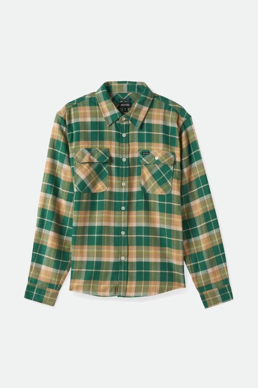 BRIXTON Bowery Long Sleeve Flannel Washed Pine Needle/Washed Gold Brown/Off White Men's Long Sleeve Button Up Shirts Brixton 