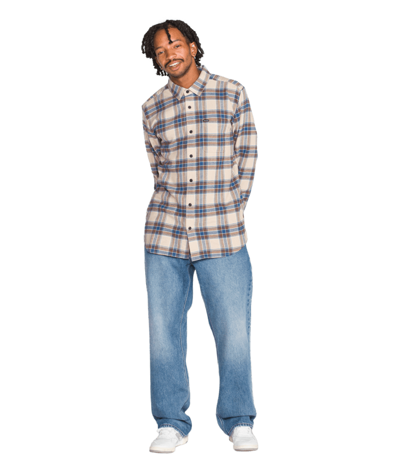 VOLCOM Caden Plaid Long Sleeve Button Up Light Khaki Men's Long Sleeve Button Up Shirts Volcom 