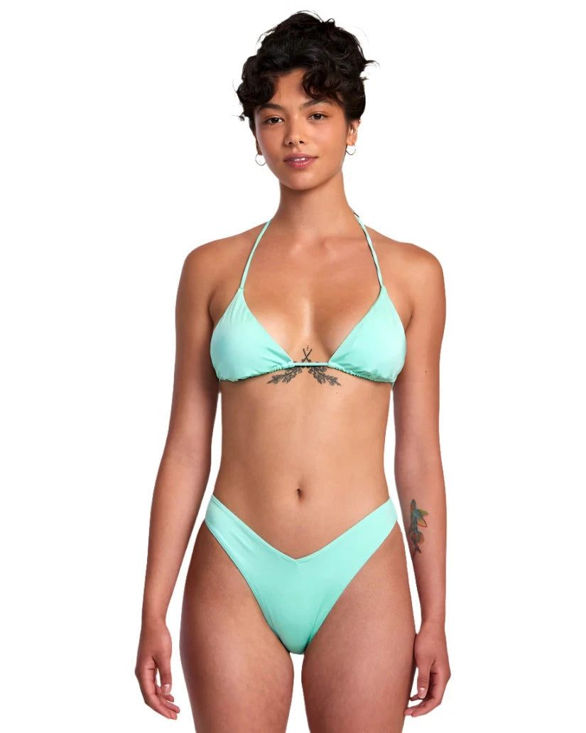 RVCA Women s Solid Shimmer Halter Triangle Bikini Top Teal L