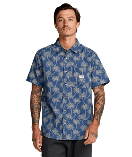 RVCA Exotica Short Sleeve Button Up Dark Denim Men's Short Sleeve Button Up Shirts RVCA 