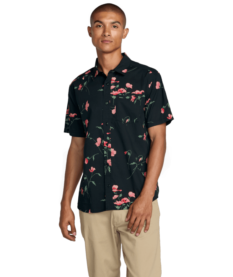 RVCA Botanical Short Sleeve Button Up Pirate Black Men's Short Sleeve Button Up Shirts RVCA 