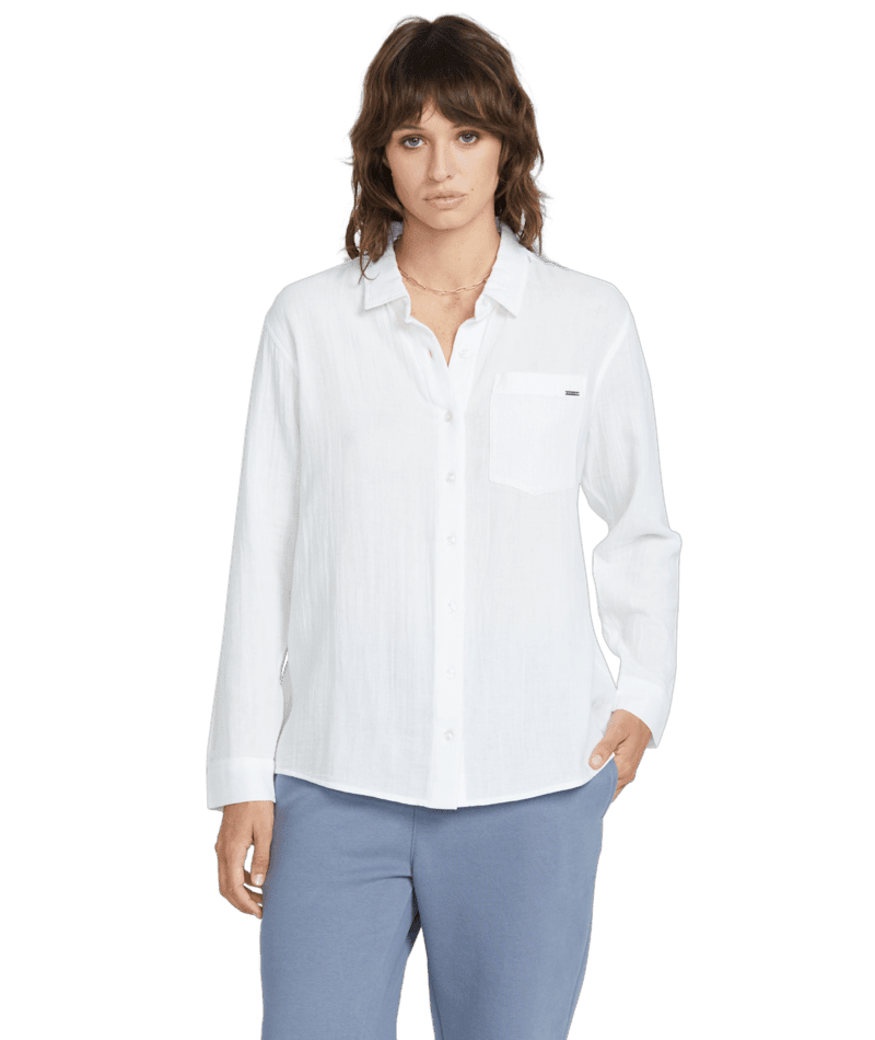 VOLCOM Women's Lived In Lounge Button Up Long Sleeve White Women's Flannels and Button Ups Volcom 
