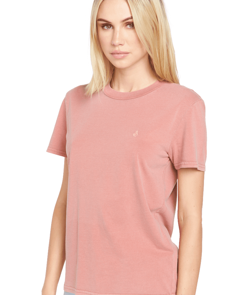 VOLCOM Women's Solid Stone Embroidered T-Shirt Mauve Rose Men's Short Sleeve T-Shirts Volcom 