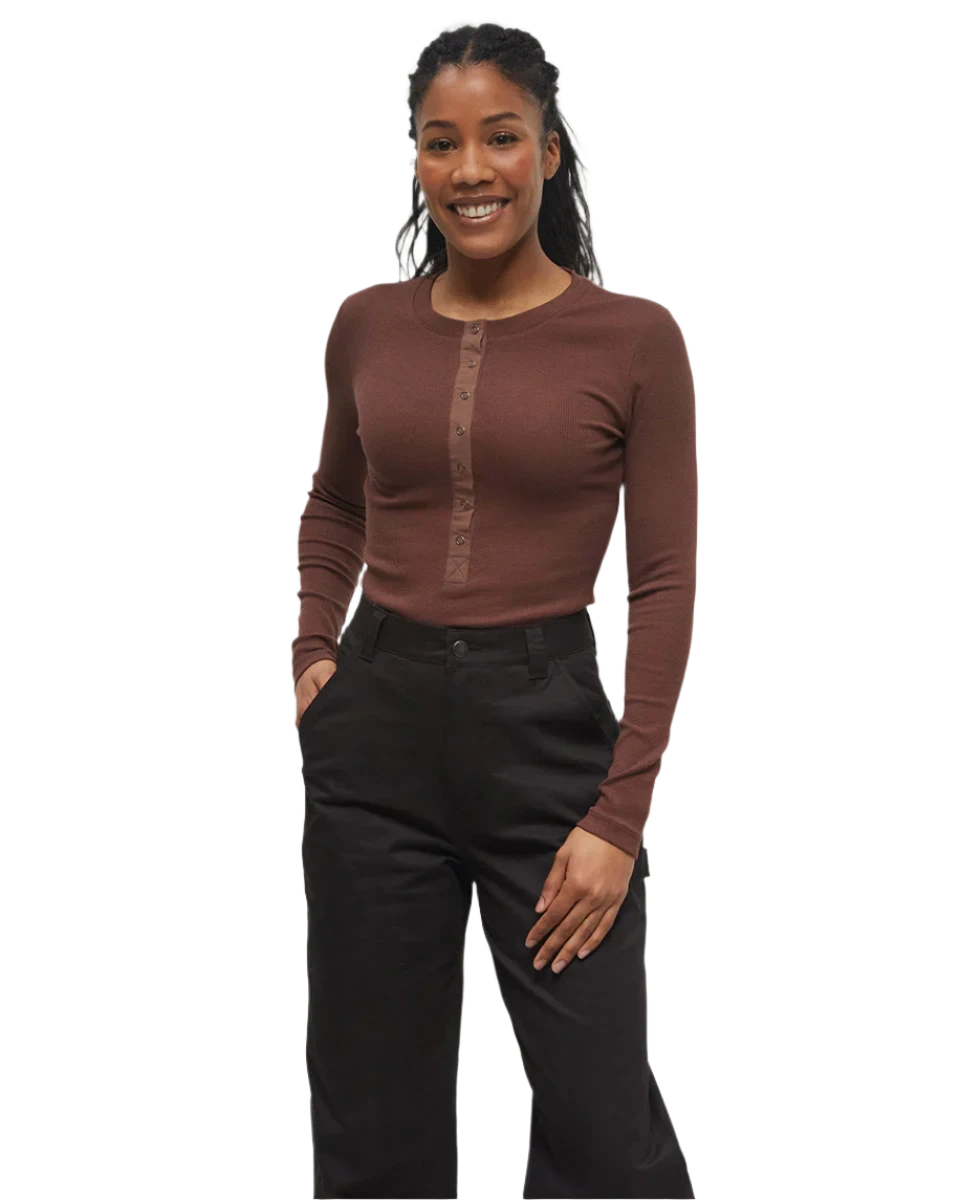 TENTREE Women's Rib Snap Placket Henley Longsleeve Shirt Deep Mahogany Women's Long Sleeve T-Shirts Tentree 