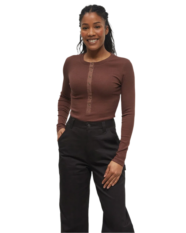 TENTREE Women's Rib Snap Placket Henley Longsleeve Shirt Deep Mahogany Women's Long Sleeve T-Shirts Tentree 