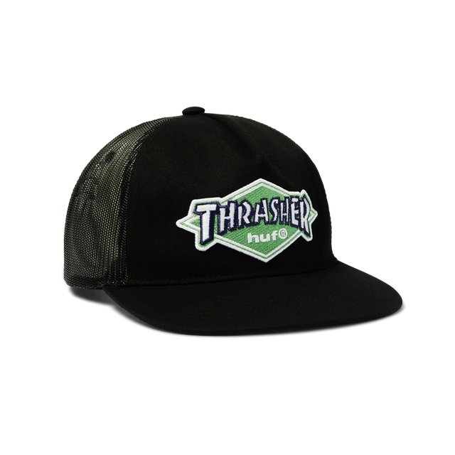 HUF x Thrasher Logo Twill Trucker Hat Black Men's Hats Huf 