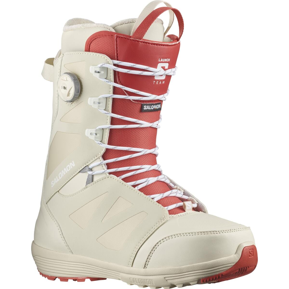 SALOMON Launch Lace SJ BOA Snowboard Boots Bleached Sand/Almond Milk/Aurora Red 2024 Men's Snowboard Boots Salomon 