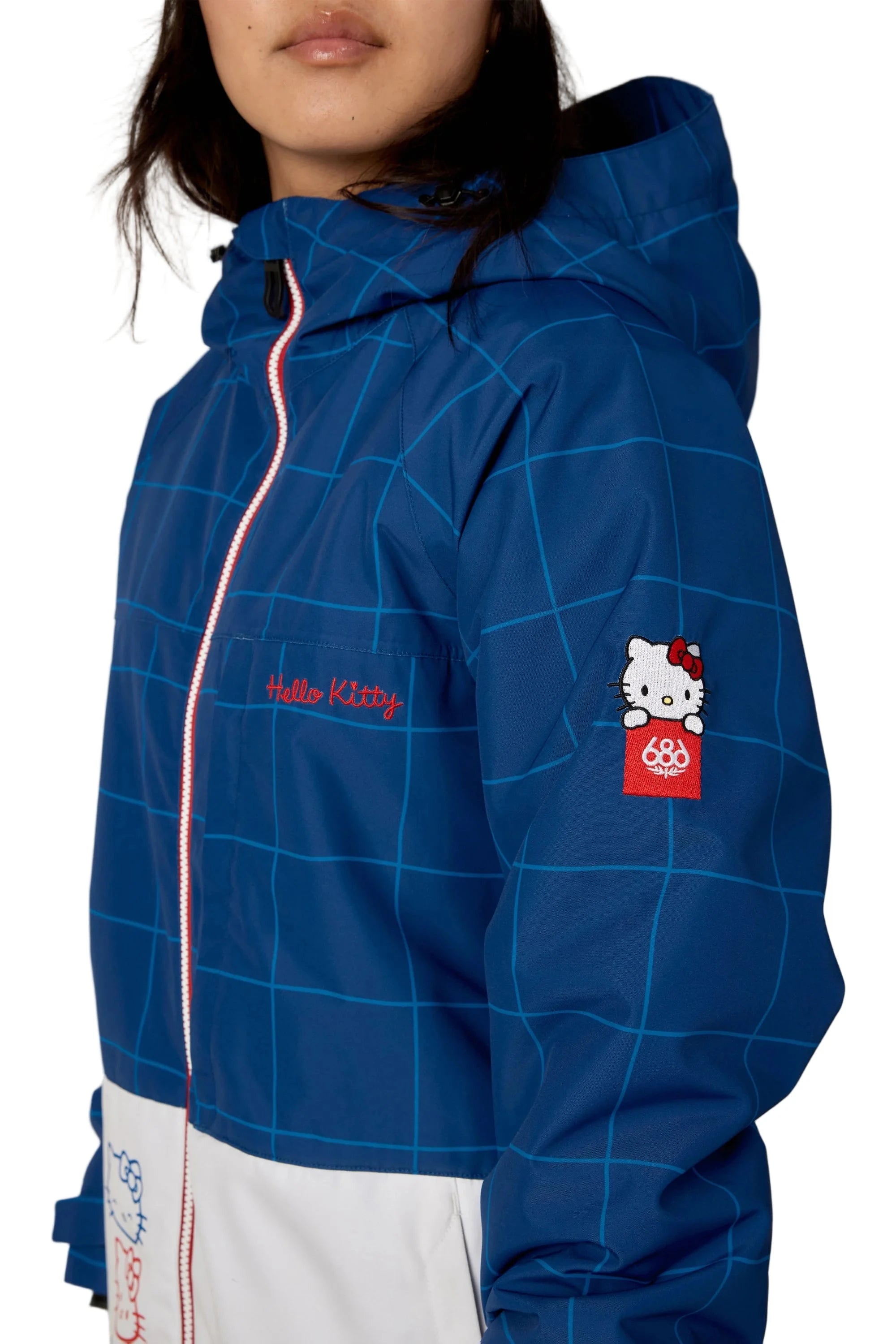 686 Women's Athena Insulated Snow Jacket Hello Kitty Blue Grid Colorblock 2026 Women's Snow Jackets 686 