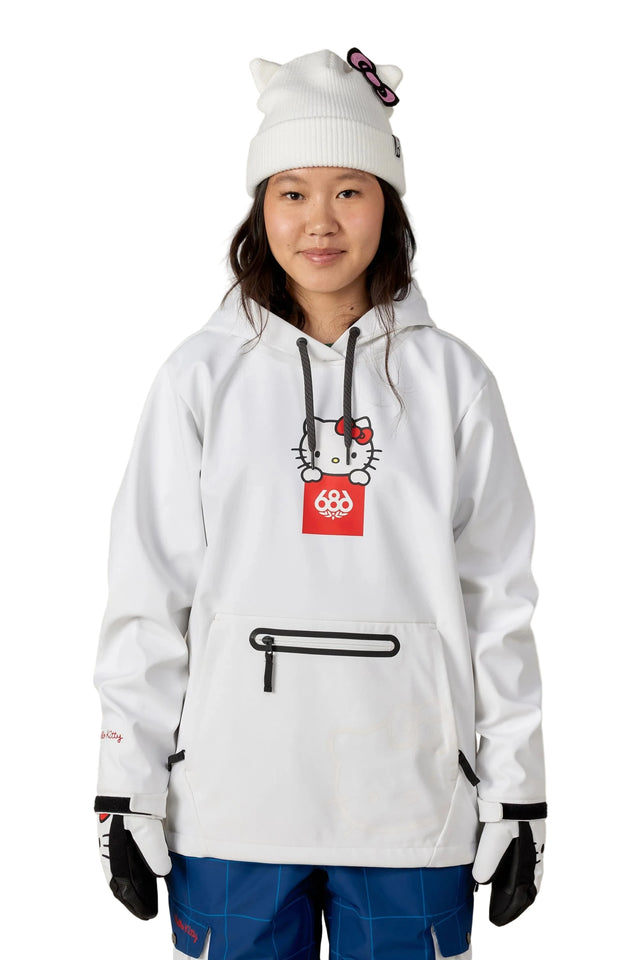 686 Women's Waterproof Pullover Hoodie Hello Kitty White Women's Pullover Hoodies 686 