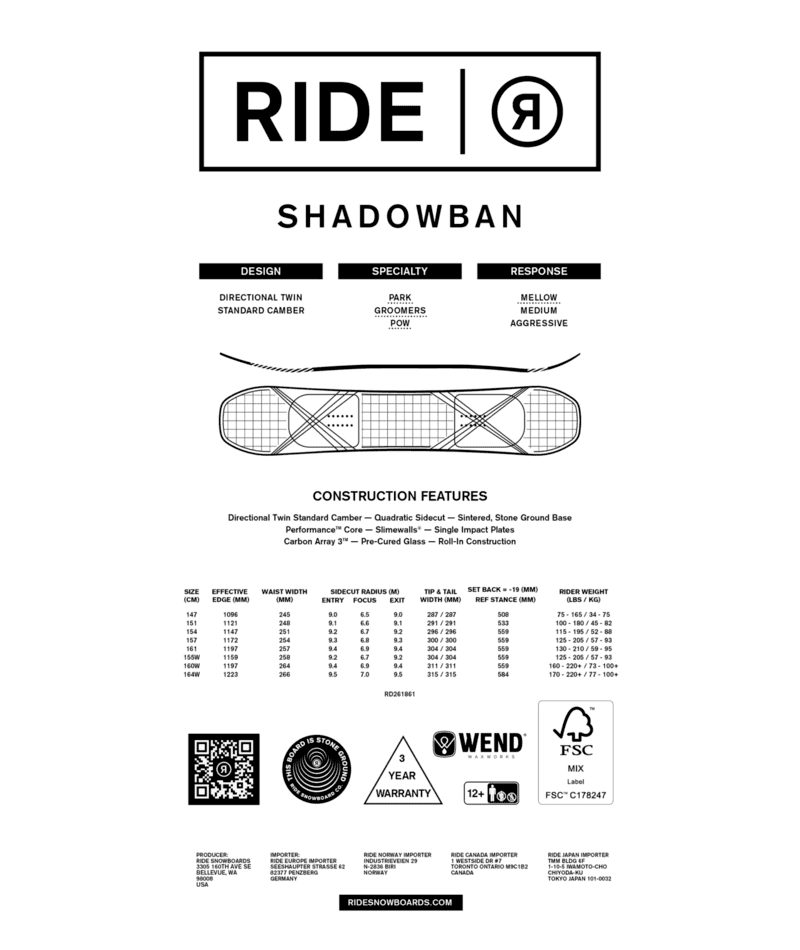 RIDE Shadowban Snowboard 2027 Men's Snowboards Ride 