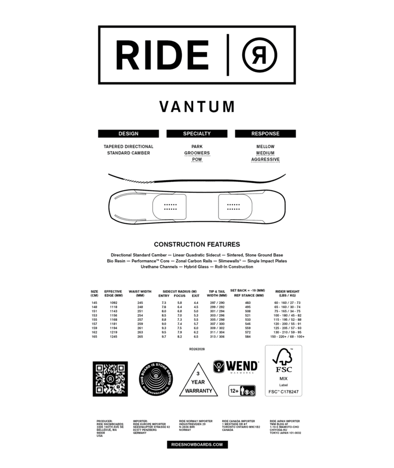 RIDE Vantum Snowboard 2027 Men's Snowboards Ride 
