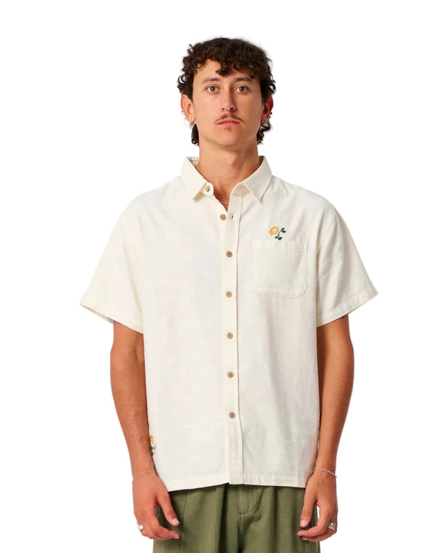 CRITICAL SLIDE Peace Flower Embroidery Short Sleeve Button Up Ecru Men's Short Sleeve Button Up Shirts The Critical Slide Society 