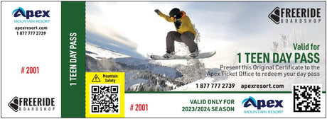 APEX MOUNTAIN RESORT Teen 1 Day Pass Lift Pass Apex Mountain Resort 