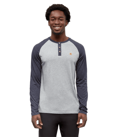 TENTREE Baker Henley Long Sleeve T-Shirt Harbour Grey Heather/Midnight Blue Heather Men's Long Sleeve T-Shirts Tentree 