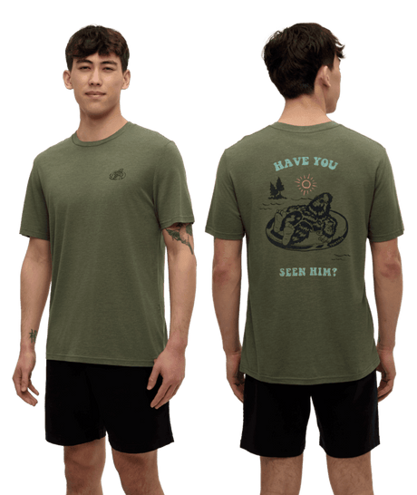 TENTREE Have You Seen Him Floatie T-Shirt Deep Olive Heather/Midnight Blue Men's Short Sleeve T-Shirts Tentree 