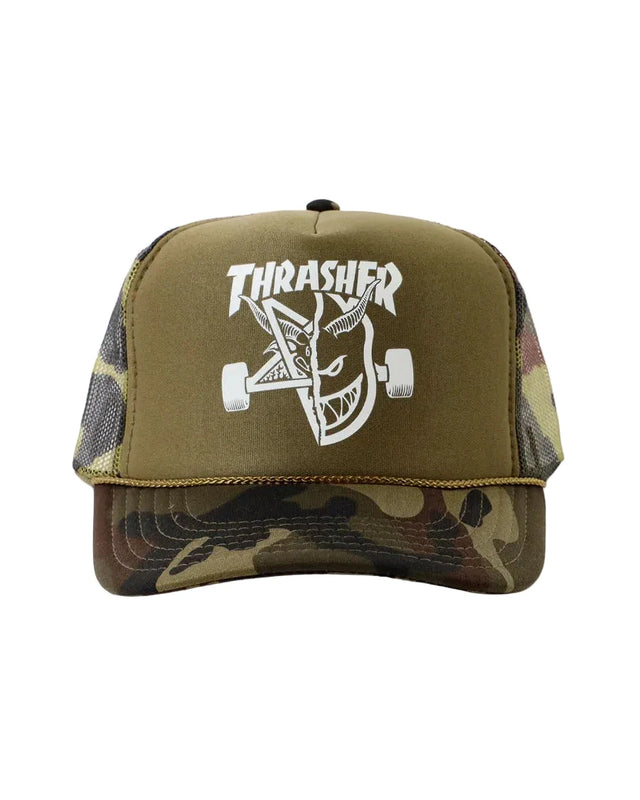 THRASHER Spitfire X Thrasher Thrash & Burn Trucker Hat Camo Men's Hats Thrasher 