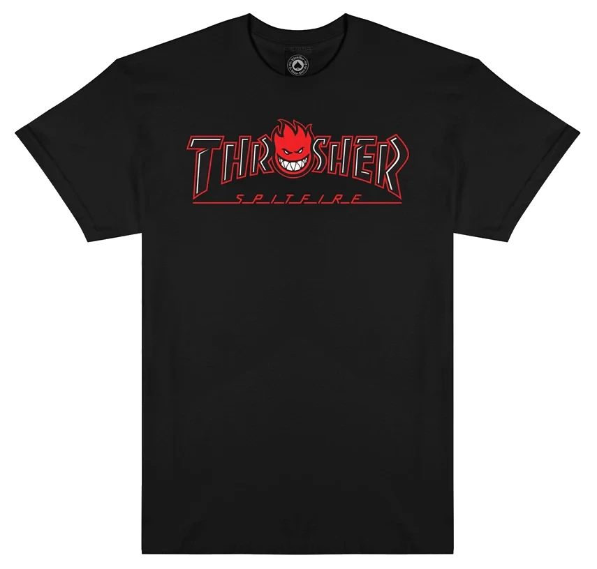 THRASHER Spitfire X Thrasher Big Head Outline T-Shirt Black Men's Short Sleeve T-Shirts Thrasher 
