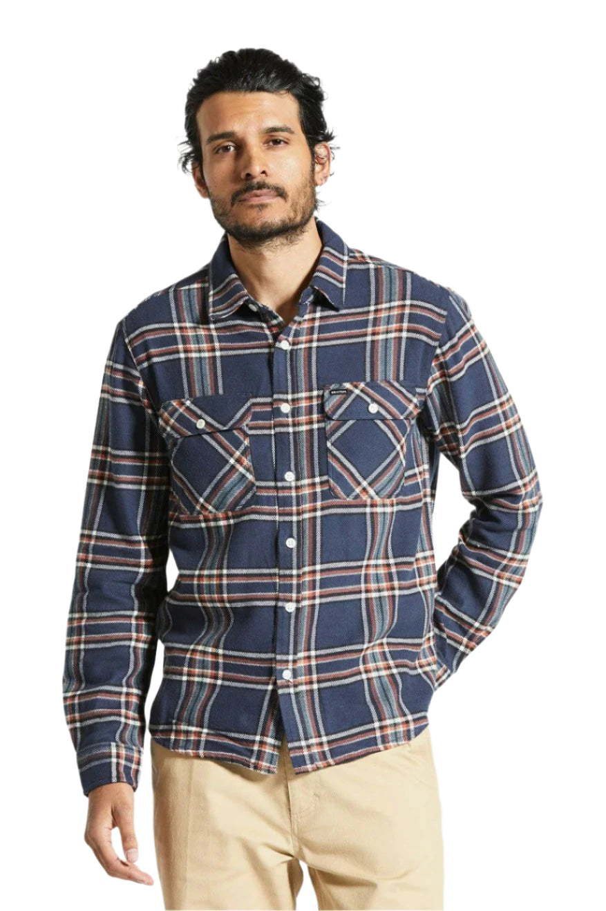 BRIXTON Bowery Flannel Washed Navy/Off White/Terracotta Men's Long Sleeve Button Up Shirts Brixton 