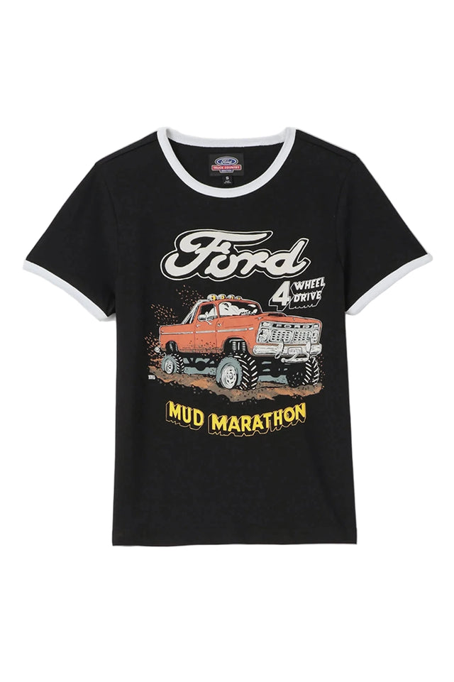 BRIXTON Women's Ford Mud Marathon Ringer T-Shirt Burnt Rubber Women's Short Sleeve T-Shirts Brixton 
