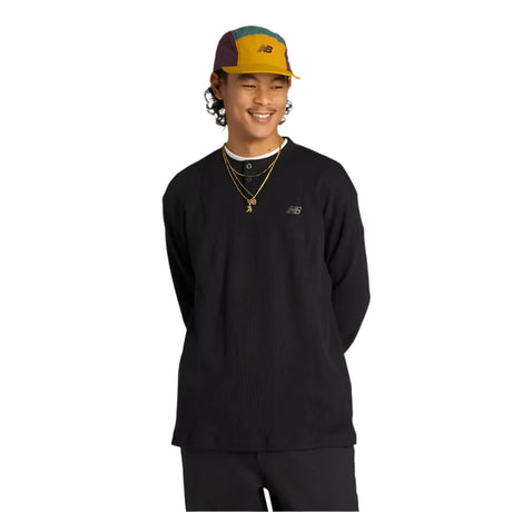 NB NUMERIC Waffle Knit Long Sleeve Knit Henley Black Men's Long Sleeve T-Shirts New Balance 