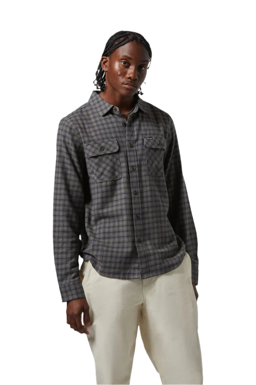 BRIXTON Bowery Lightweight Ultra soft Flannel Charcoal/Ray Flower/Black Men's Long Sleeve Button Up Shirts Brixton 