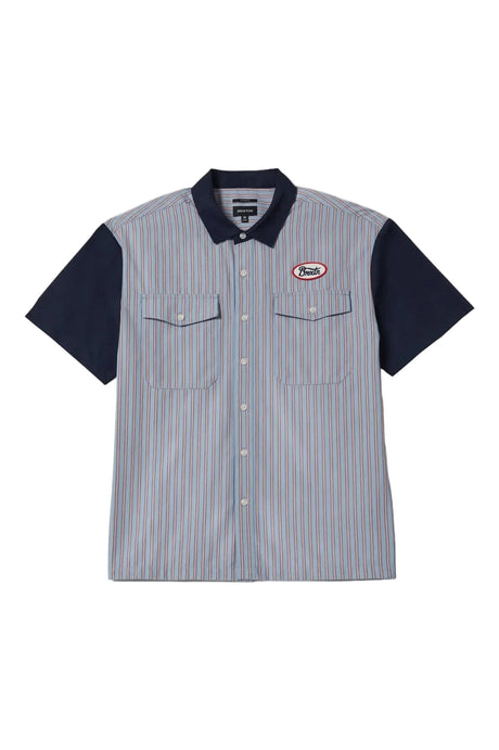 BRIXTON Builders Olson Woven Short Sleeve Button Up Shirt Aura Blue Stripe Men's Short Sleeve T-Shirts Brixton 