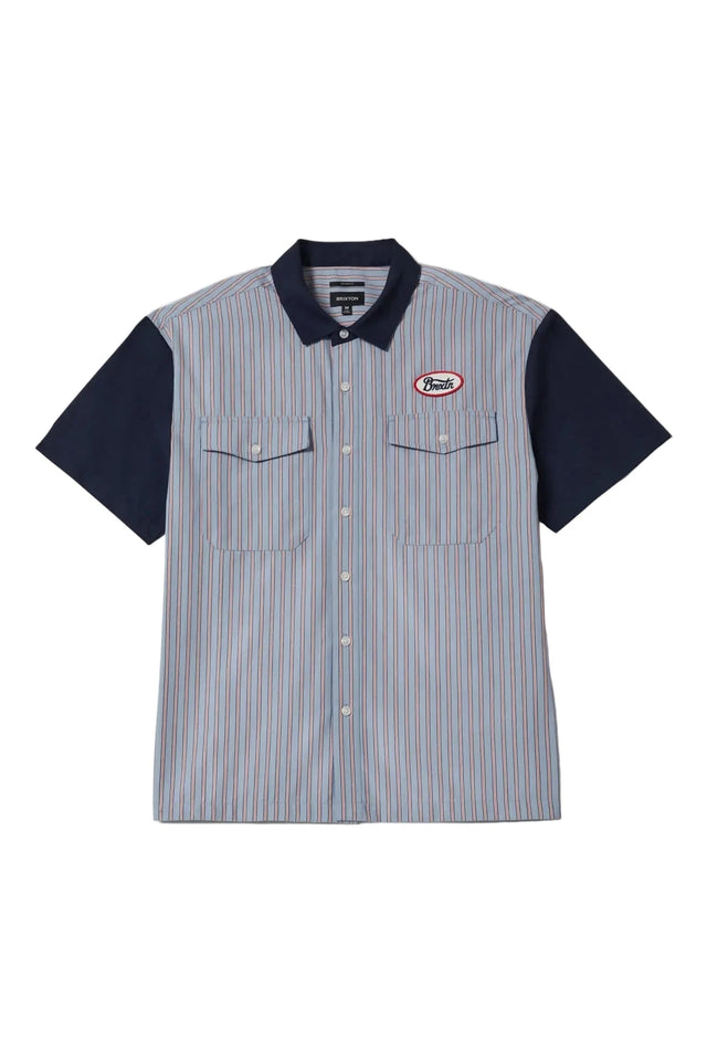 BRIXTON Builders Olson Woven Short Sleeve Button Up Shirt Aura Blue Stripe Men's Short Sleeve T-Shirts Brixton 