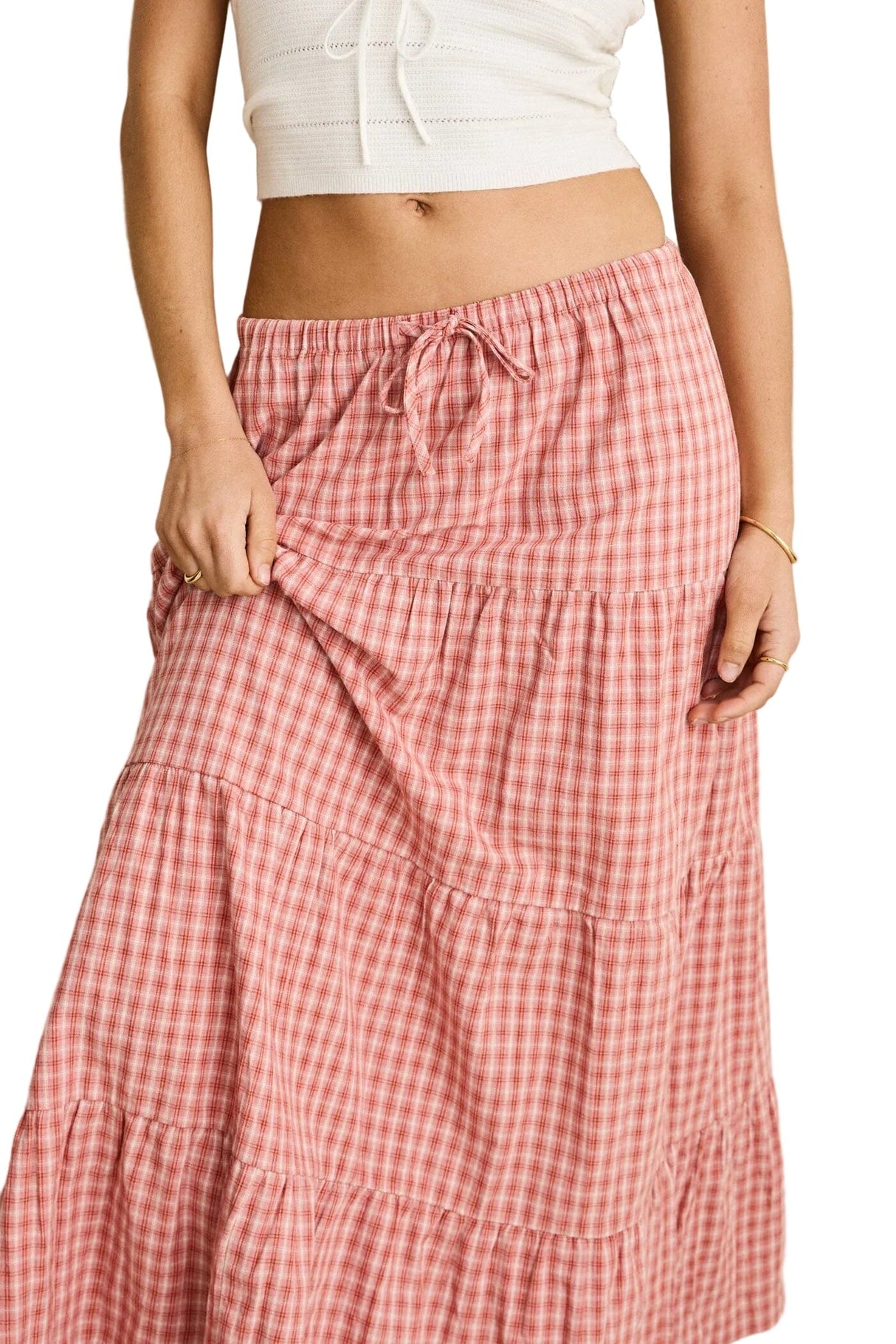RHYTHM Women's Kirra Check Tiered Maxi Skirt Pink Women's Skirts Rhythm 