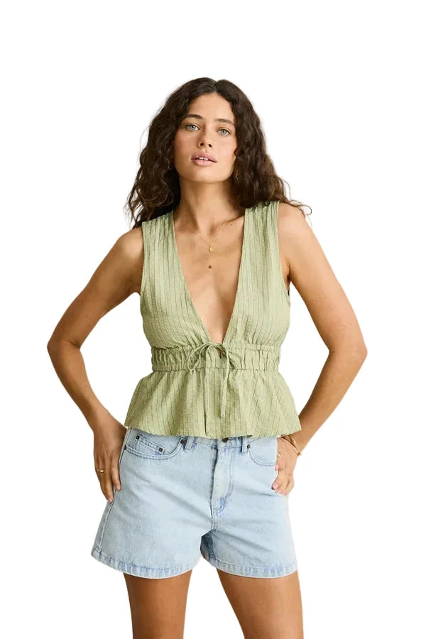 RHYTHM Women's Vista Stripe Tie Front Top Olive Women's Tank Tops and Halter Tops Rhythm 