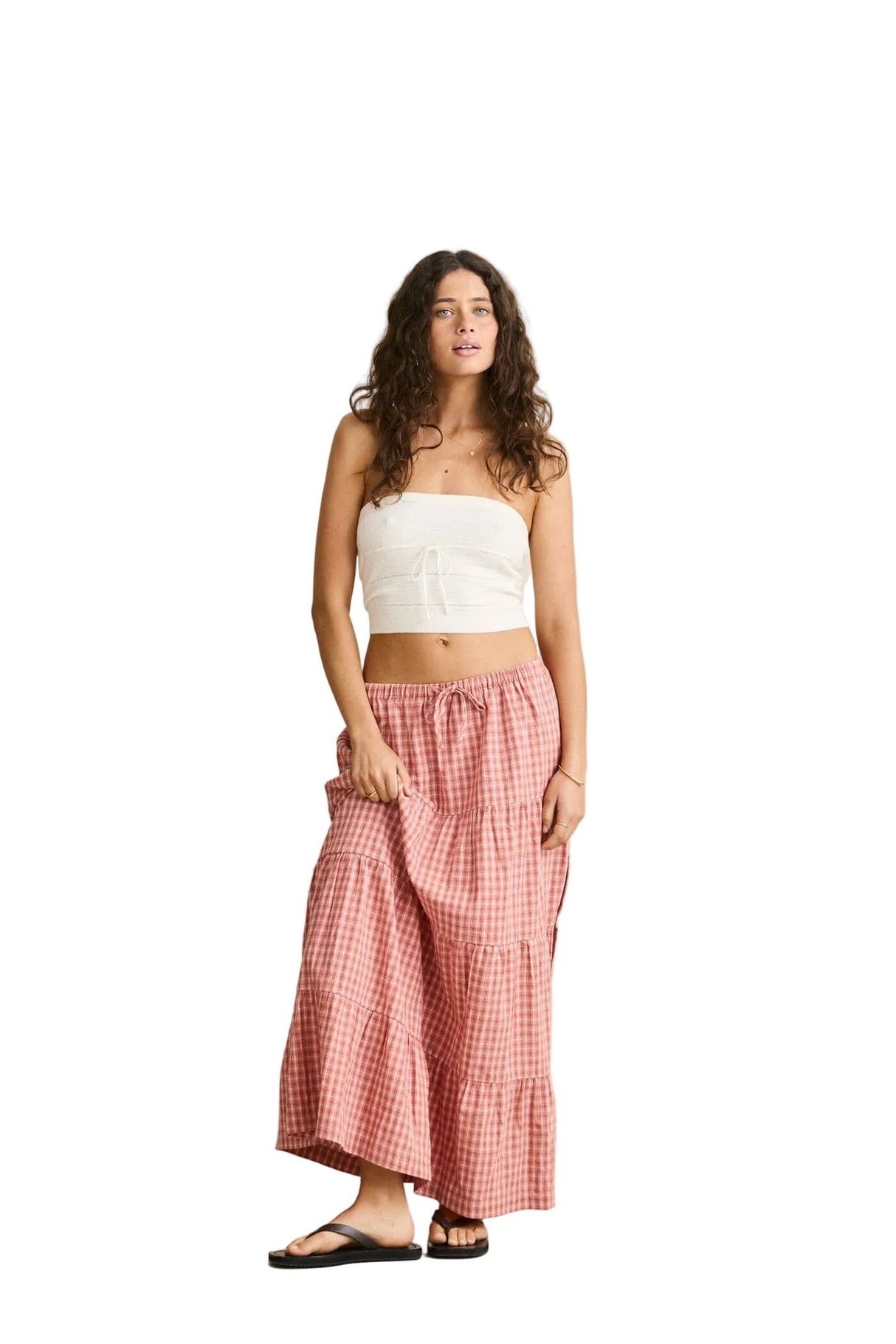 RHYTHM Women's Kirra Check Tiered Maxi Skirt Pink Women's Skirts Rhythm 