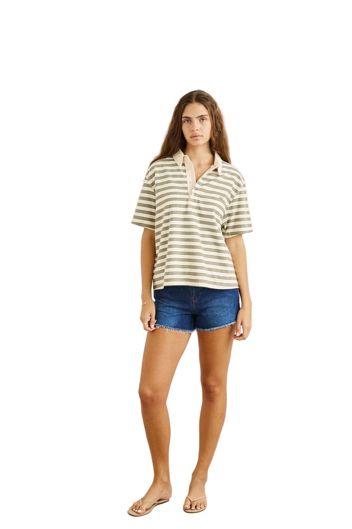 RHYTHM Vintage Stripe Rugby Shirt Olive Men's Short Sleeve T-Shirts Rhythm 
