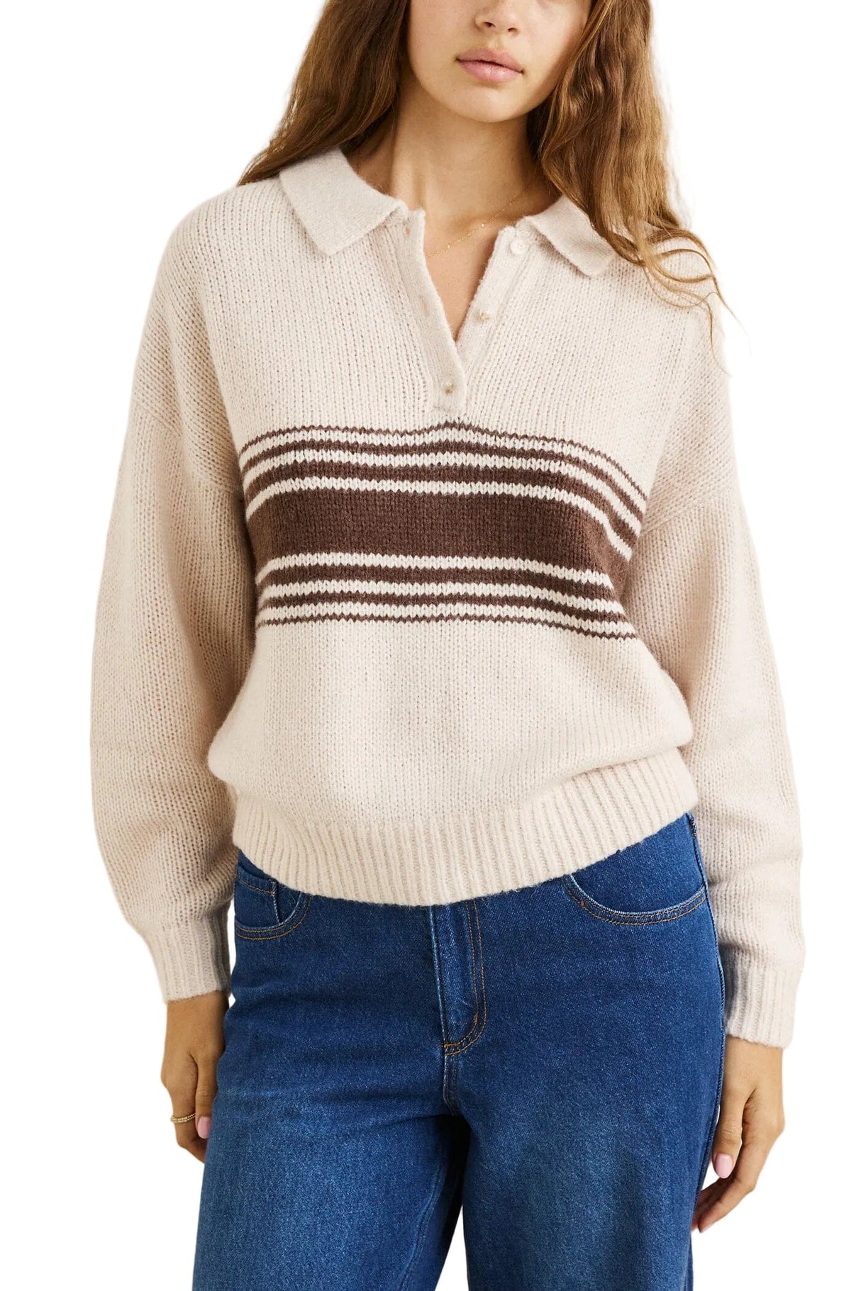 RHYTHM Women's Strata Knit Collared Jumper Natural Men's Crewnecks Rhythm 