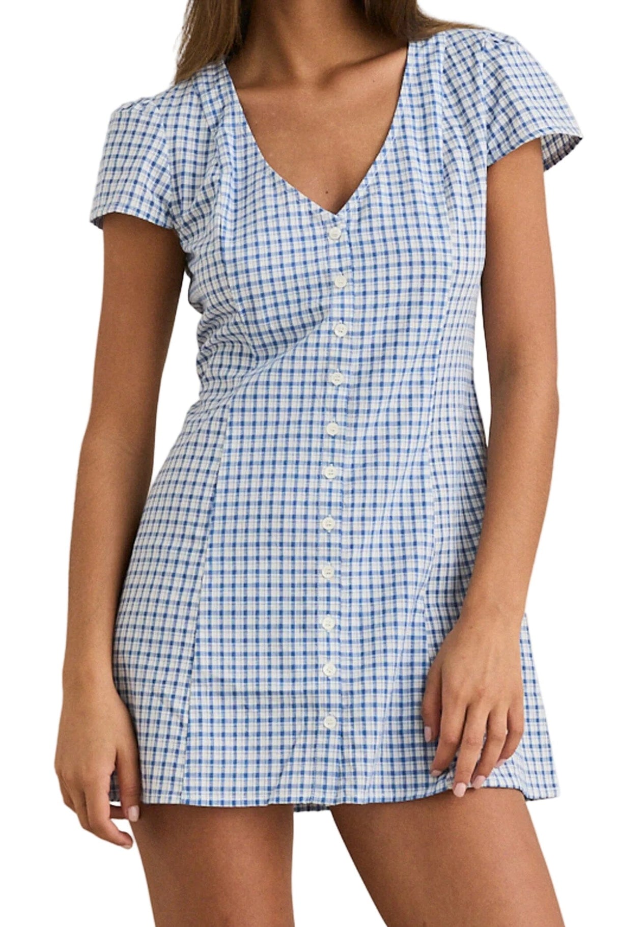 RHYTHM Women's Lola Check Cap Sleeve Mini Dress Blue Women's Dresses Rhythm 