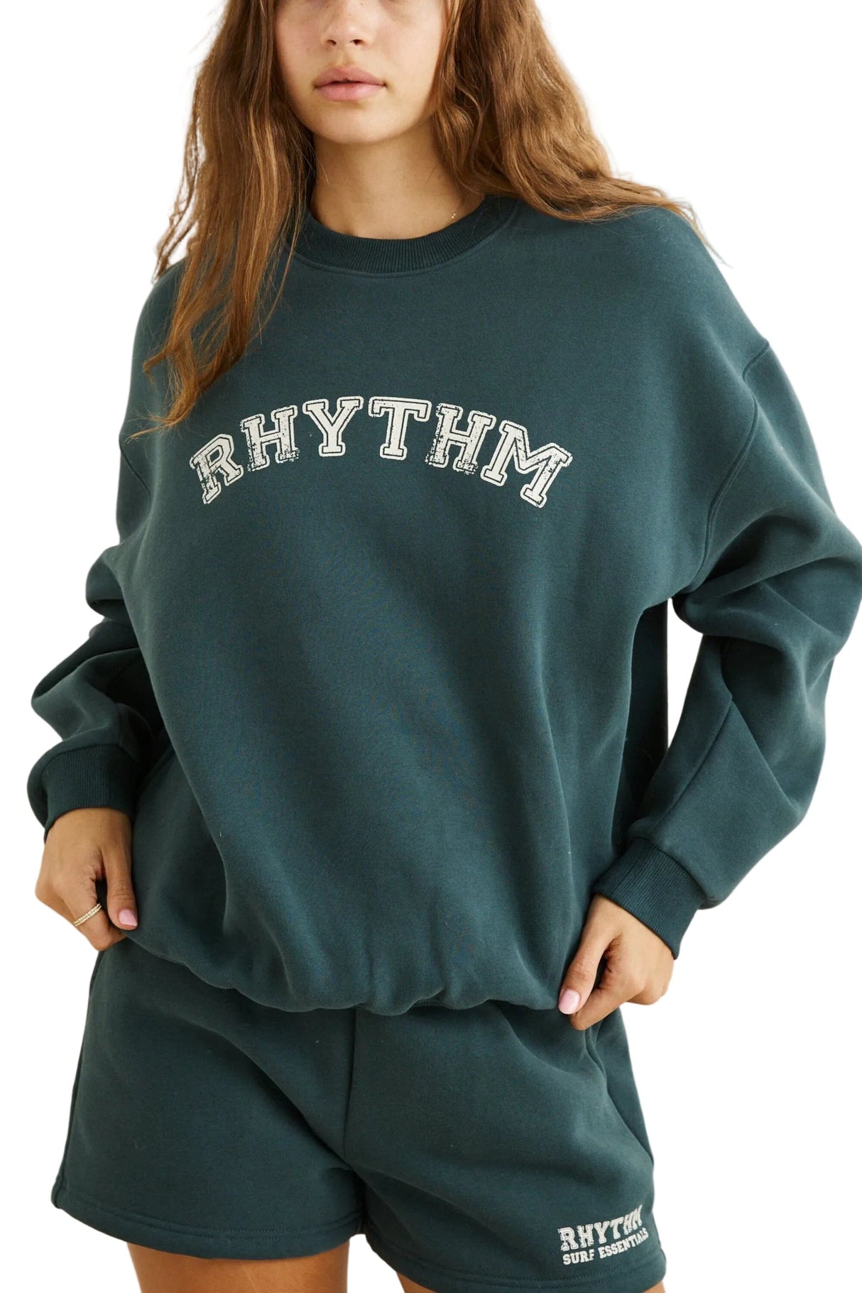RHYTHM Women's Collegiate Oversized Crewneck Fleece Forest