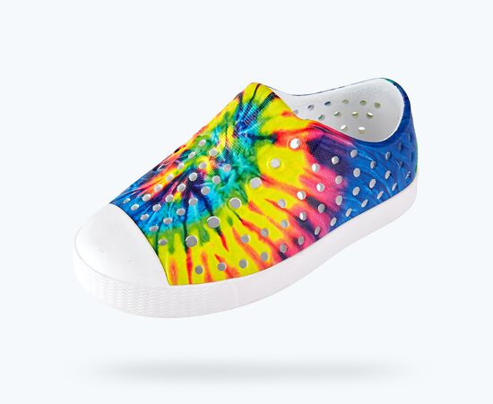 NATIVE Jefferson Print Child Shoes Shell White/Shell White/Neon Multi Tie Dye Youth Native Shoes Native Shoes 